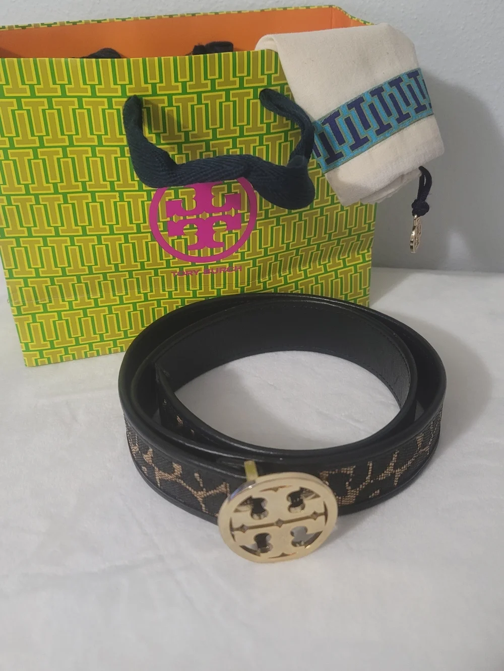 Tory Burch Black Leather Logo-lepard Print Belt with Gold Round Buckle